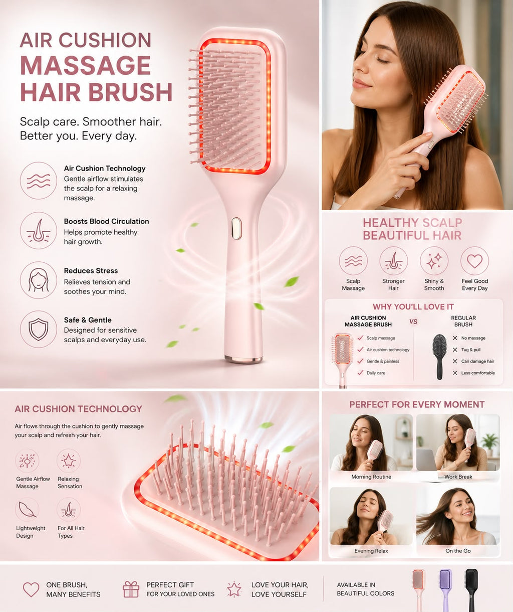 Air Cushion Massage Hair Brush - features infographic