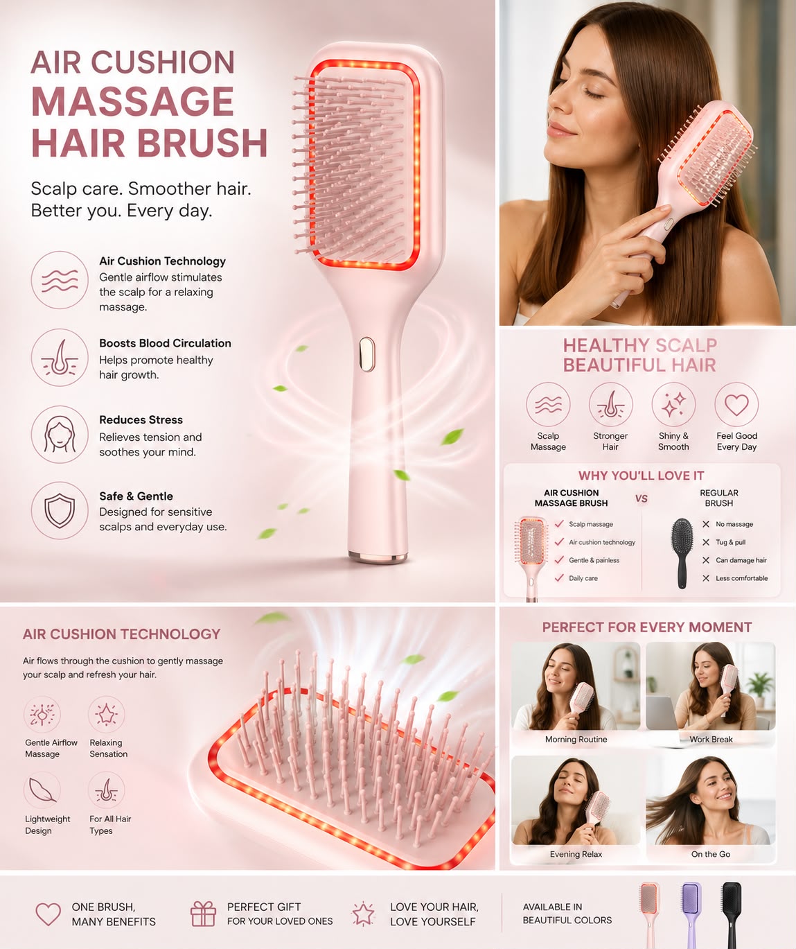 Air Cushion Massage Hair Brush - features infographic